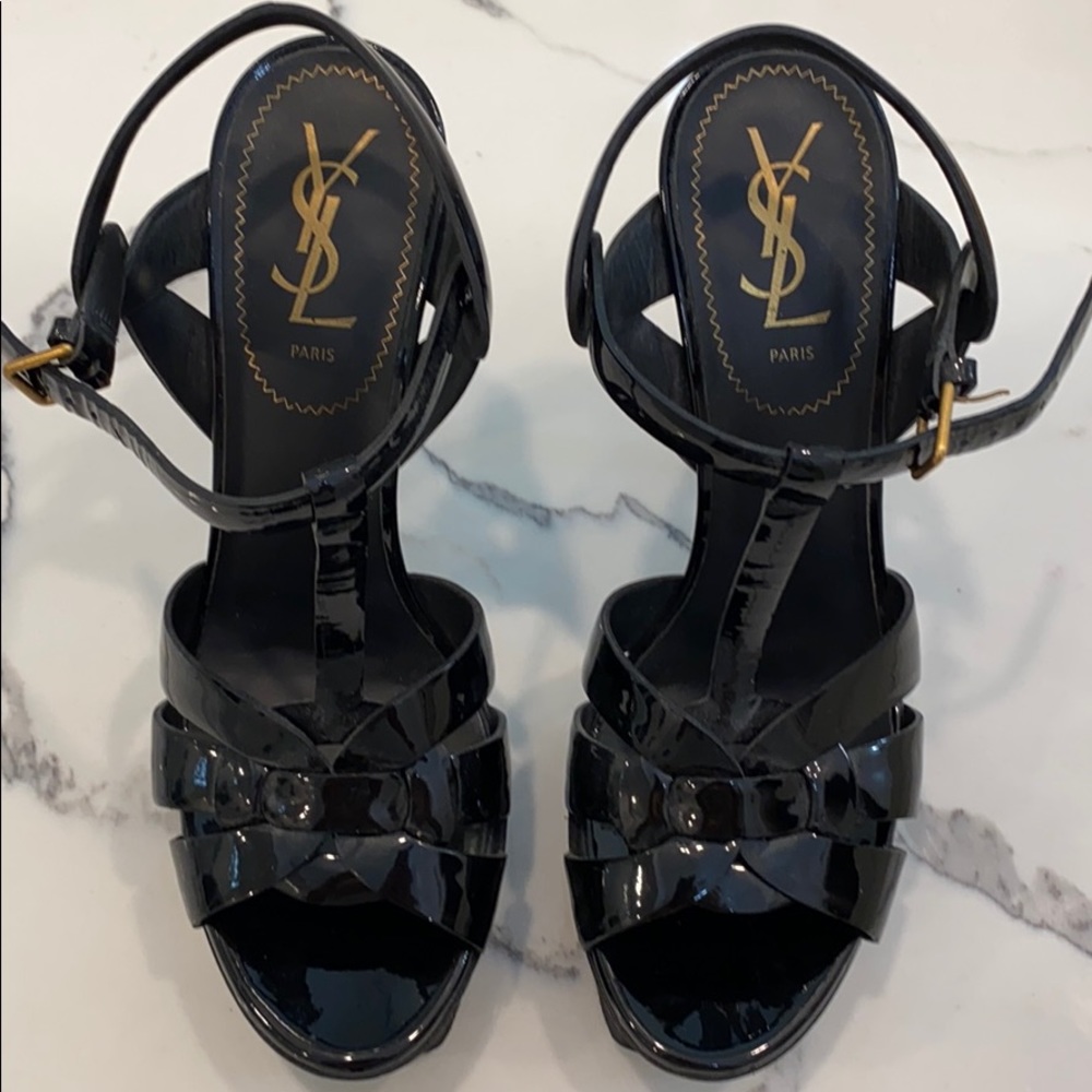 Yves Saint Laurent Black Patent Leather T-Strap Heels